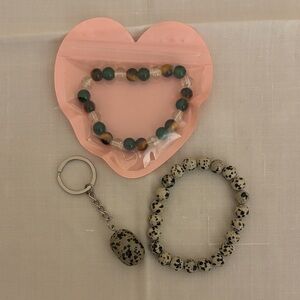 Dalmatian Jasper stretchy bracelet and matching stone keychain + freebie